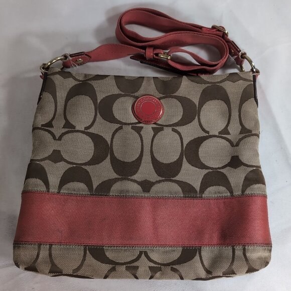 Coach Signature Stripe Crossbody Shoulder Bag Coral Khaki Orange File Bag F19220 - Picture 1 of 16